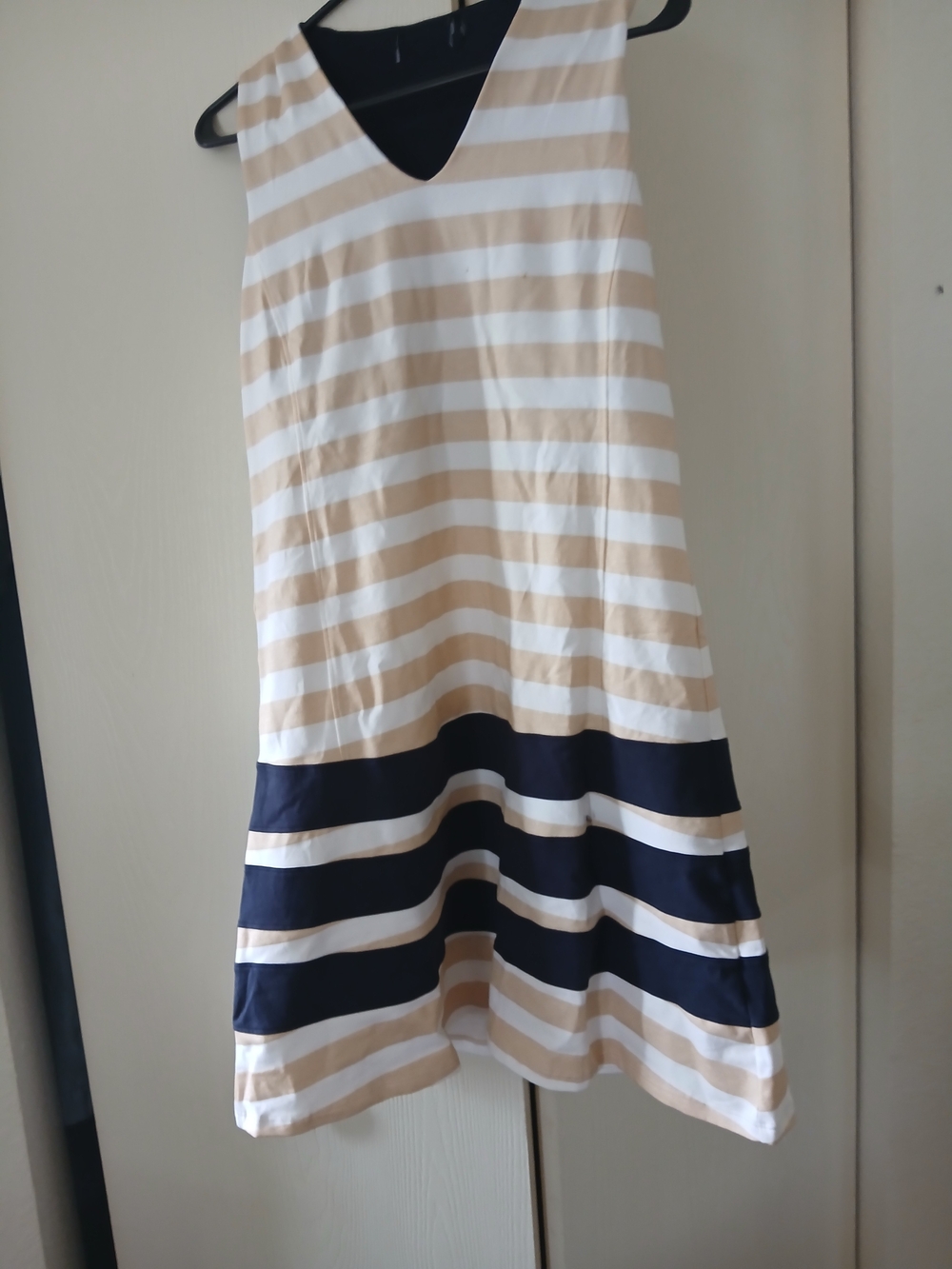 Duffield Lane Beige, White & Navy Striped Sleeveless A-Line Dress